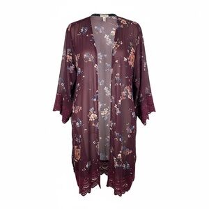 Elegant Floral Kimono Robe with Lace Trim